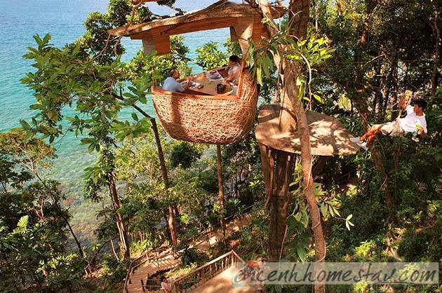 Soneva Kiri Eco Resort ở Thái Lan view lơ lửng trên cây siêu đẹp, phục vụ món cho khách bằng Zipline